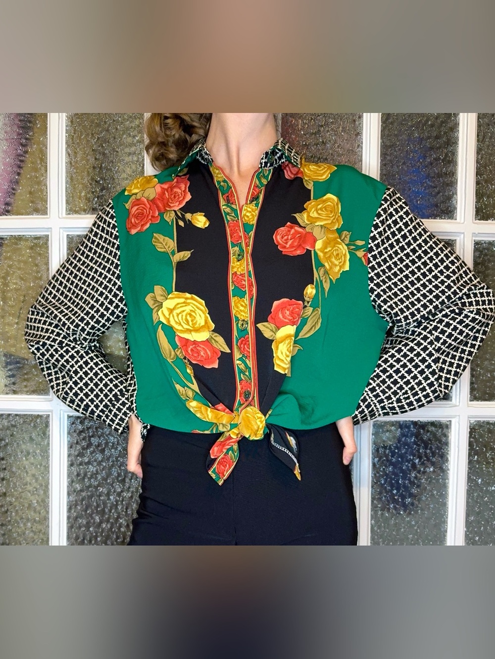 Western Floral Green & Black Button-Up Blouse with Rose Print